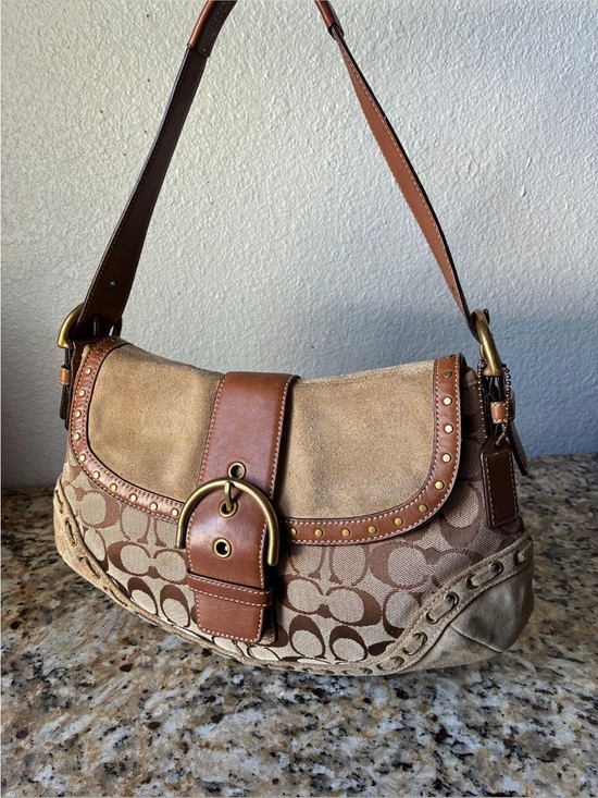Coach Handbags - Coach Brown Suede and Canvas Shoulder Bag with Buckle Accent